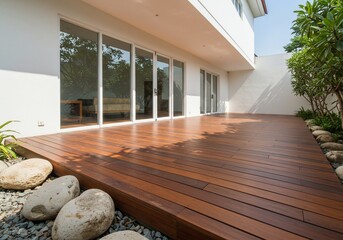 Modern home terrace view with wooden deck and large glass windows