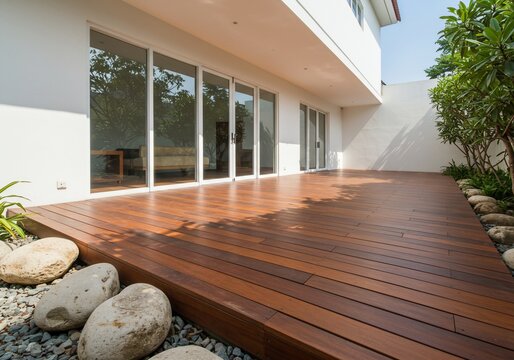 Fototapeta Modern home terrace view with wooden deck and large glass windows