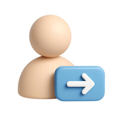 3D render of a person icon with a right arrow, suggesting user login, access, or direction