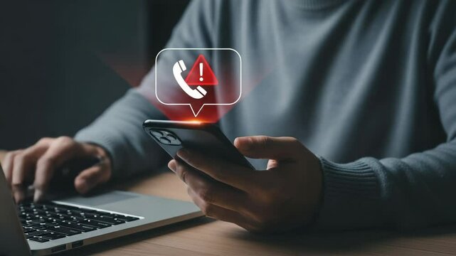 Person holding smartphone with missed call notification near laptop on wooden surface indoors