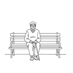 Elderly man sitting with cane on park bench in a calm setting  