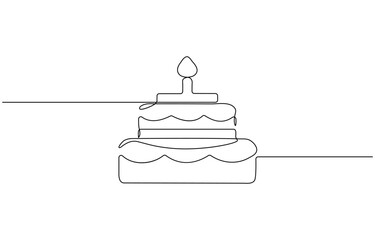 Continuous one line drawing of birthday cake with candles. Symbol of sweet celebration torte, Sweet birthday cake outline drawing illustration. one continuous line drawing .