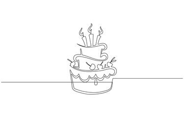 Continuous one line drawing of birthday cake with candles. Symbol of sweet celebration torte, Sweet birthday cake outline drawing illustration. one continuous line drawing .