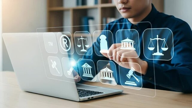 Person using laptop with holographic display of legal icons and blue shirt in office setting