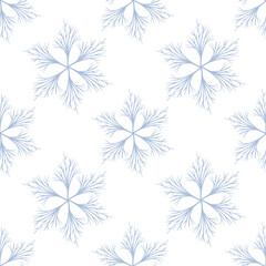 Seamless vector pattern of delicate light blue stylized snowflakes, resembling winter branches, creating a minimalist and elegant design perfect for winter-themed projects.
