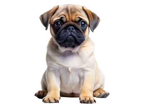 Pug puppy sitting isolated on white background, PNG - Powered by Adobe