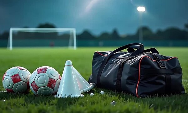 Soccer Gear on Field

Balls, Cones & Duffel Bag

Scattered Soccer Equipment

Football Training Gear Setup

Soccer Practice Essentials

Sports Gear on Grass