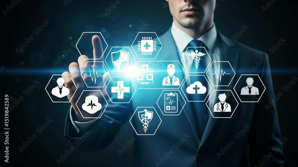 Poster man in suit interacting with medical icons on a digital interface with a dark blue background
