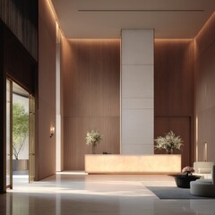 Modern Lobby with Elegant Reception Desk and Cozy Atmosphere