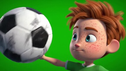 Animated boy kicking soccer ball against vibrant green background cartoon style dynamic action