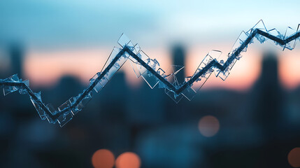 Downward-trending graph made of shattered glass over blurred city skyline, symbolizing economic uncertainty and declining consumer confidence