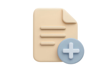 Fototapeta premium 3D render of a beige document icon with a blue plus sign, symbolizing adding new content or files