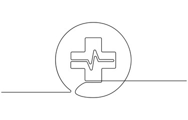 Obraz premium Medical cross one continuous line drawing. One line icon. Medical help sign icon, Heart with Heartbeat Sign and with Cross continuous one line drawing, Continuous line drawing of medical cross .