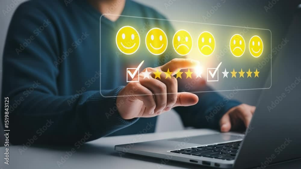 Poster person giving five star rating on digital interface with laptop in front of them at a desk setting