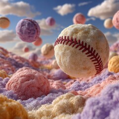 Baseball floats above a surreal landscape with pastel colors and cloudy sky, creating a whical and dreamy atmosphere reminiscent of a fantasy world.