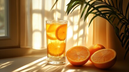 Sunlit glass of orange juice, slices and fruit