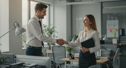 Obraz premium Business partners shaking hands in modern office setting 