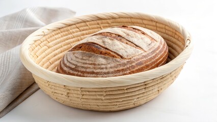 Obraz premium Freshly baked bread in a rustic wicker basket with a linen cloth beside it.