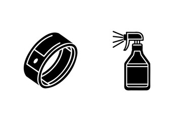 Simple black icons of a smart ring and a spray bottle on white background
