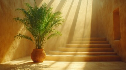 Sunlit interior with stairs and plant