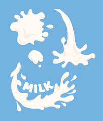 Milk splashes with word on blue background. Vector illustration