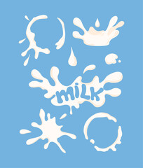 Milk splashes with drops on blue background. Vector illustration