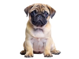 Pug puppy sitting isolated on white background, PNG