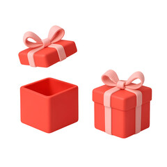 Two coral-colored gift boxes, one open, one closed, both adorned with pink ribbons