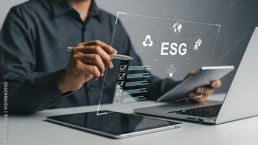 Poster person using digital pen interacting with esg interface on tablet and laptop on a white desk
