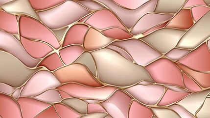 Abstract art with pink, beige, and gold; smooth, flowing shapes separated by metallic lines, creating a luxurious, elegant design