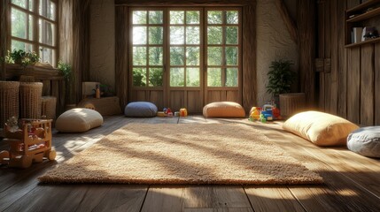 Sunlit rustic playroom with plush seating