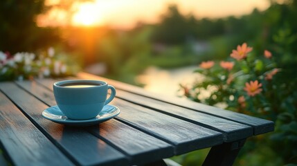 Sunrise coffee, tranquil garden view