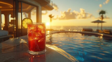 Sunset cocktail by pool. Luxurious vacation