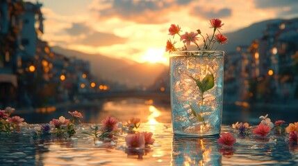 Sunset cityscape with flowers and icy drink