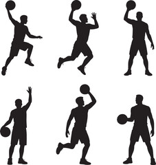 Black silhouette collection of basketball players performing various movements and actions
