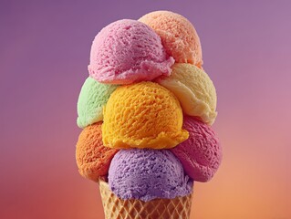 A colorful and delicious ice cream cone is piled high with multiple scoops of various fruity flavors against a vibrant purple and orange gradient background.