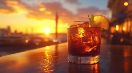 Sunset cocktail on a waterfront patio