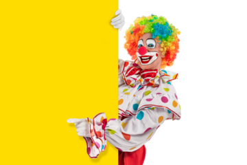 Funny clown with blank template mockup, man entertainer as Joker in a suit and wig, with clown whiteface makeup. Trickster, jester, pantomime, mime, and a professional actor at events, birthday party