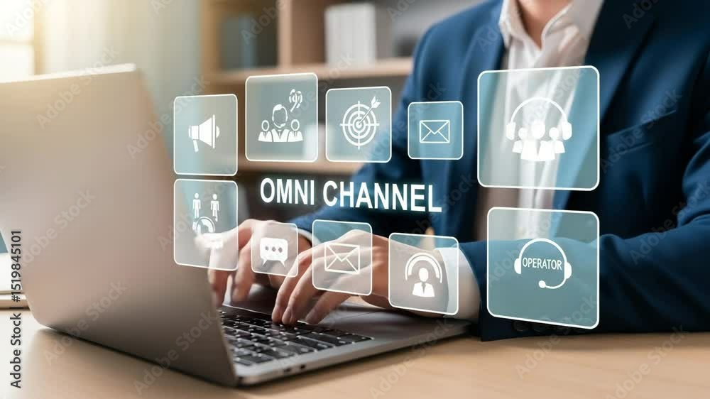 Aufkleber person typing on laptop with omni channel interface and communication icons displayed on screen view