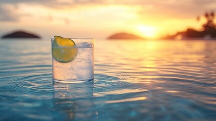 Sunset cocktail on rippled water