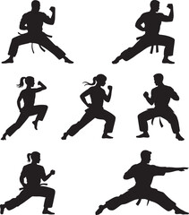 Silhouette illustrations of karate practitioners executing various martial arts poses