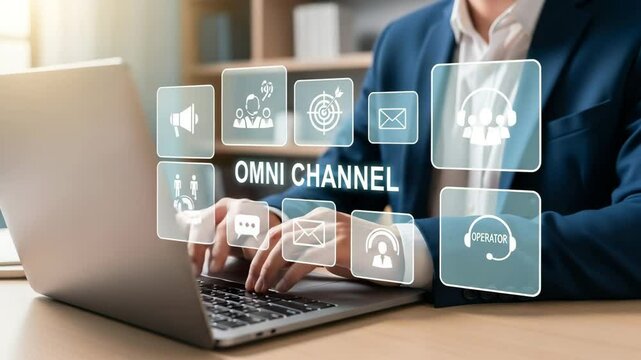Person typing on laptop with omni channel interface and communication icons displayed on screen view