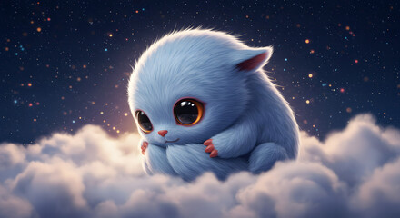 A captivating, whimsical creature with fluffy blue fur, sitting gracefully among clouds. The creature's big, expressive eyes reflect a gentle soul, its presence evokes a sense of wonder and delight.