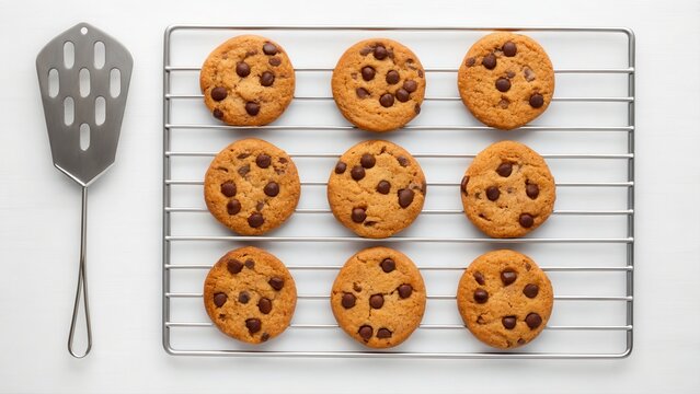 Freshly baked chocolate chip cookies cooling on a rack with a spatula nearby. - Powered by Adobe