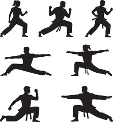 Silhouettes of various karate poses representing martial arts and self defense techniques