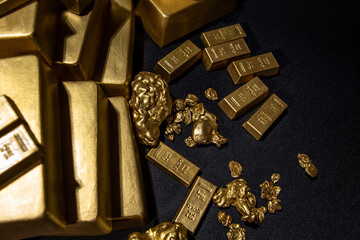 Bank gold bars, national gold reserv holdings concept. Savings and investments, business and finance