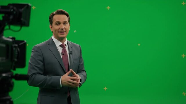 Business professional in front of green screen studio for television or video production