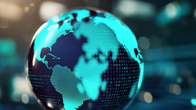 A stunning digital globe visualizing data connections across continents in a vibrant blue and green color scheme.