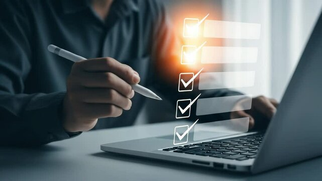 A person completing a digital checklist on a laptop with a stylus for task management and efficiency - Powered by Adobe