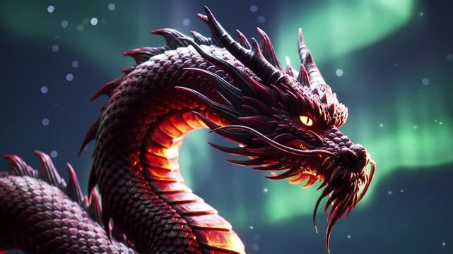 Majestic Crimson Dragon Amidst Aurora Borealis in Fantasy Realm Animation